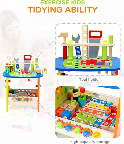 Ohuhu Kids Tool Set: 89Pcs Wooden Toddler Tool Workbench Toy Set with Construction Learning Educational Bench Play Toys for Boys Girls Age 3 4 5 6 7 Birthday
