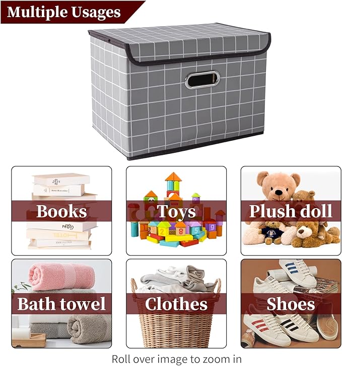 STOREONE Fabric Storage Cube Bins Foldable Organizer Container Collapsible Basket with Lids and Metal Handles, for Home, Bedroom, Closet 6 Pcs (Grey grid)