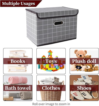 STOREONE Fabric Storage Cube Bins Foldable Organizer Container Collapsible Basket with Lids and Metal Handles, for Home, Bedroom, Closet 6 Pcs (Grey grid)