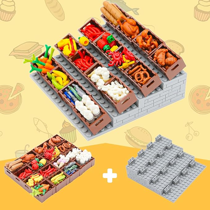 190pcs City-Supermarket-Kitchen Bricks Compatible with Major Brands,Food-Fruits-Apple-Banana Ice-Cream-Sundae-Capcake Chicken-Hotdog stall-Shopping-Trolley DIY-Picnic-Toys Gifts for Kids