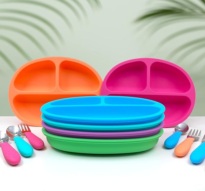 Elk and Friends Silicone Suction Plate for Babies/Toddlers + Stainless Steel Silverware Feeding Set | Divided Plate | Suction Design | Forks + Spoons Included | 3 Pack