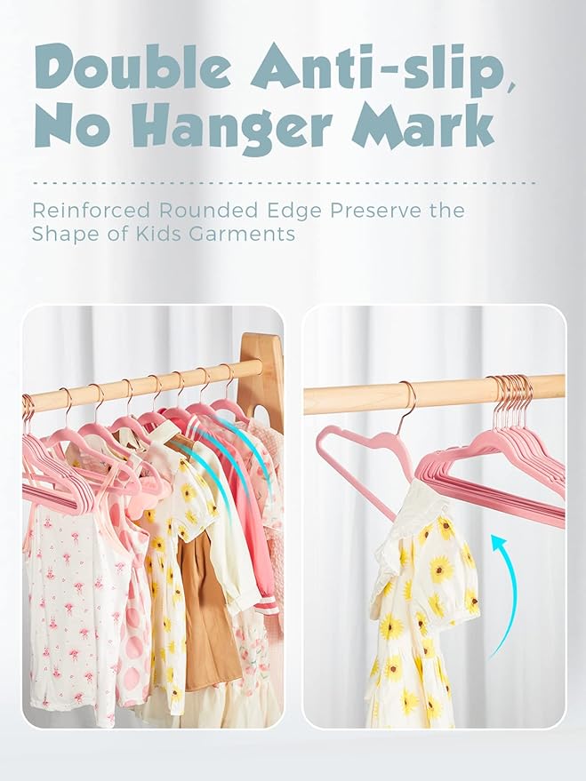 Smartor Kids Velvet Hangers 50 Pack, 14'' Inch Premium Non Slip Kids Felt Hangers for Closet, Space Saving Toddler Clothes Hanger for Youth's Childrens' Clothes (Rose Gold Hook)- Pink