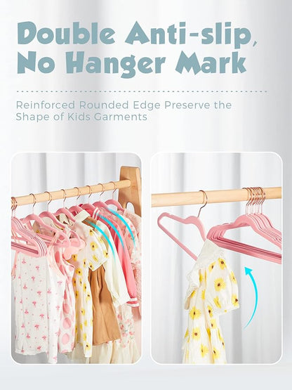 Smartor Kids Velvet Hangers 50 Pack, 14'' Inch Premium Non Slip Kids Felt Hangers for Closet, Space Saving Toddler Clothes Hanger for Youth's Childrens' Clothes (Rose Gold Hook)- Pink