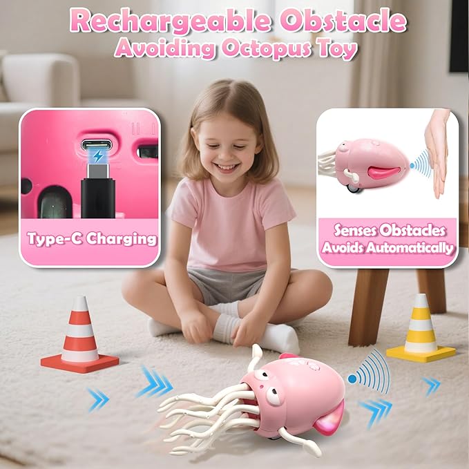 Pbooo Magic Dancing Octopus Toy, Electric Crawling with LED Lights and Music, Rechargeable Music Squid Baby Toy for 3-6 Year Olds, Tummy Time and Toddler Walking Toy, Birthday Gift, Light Pink