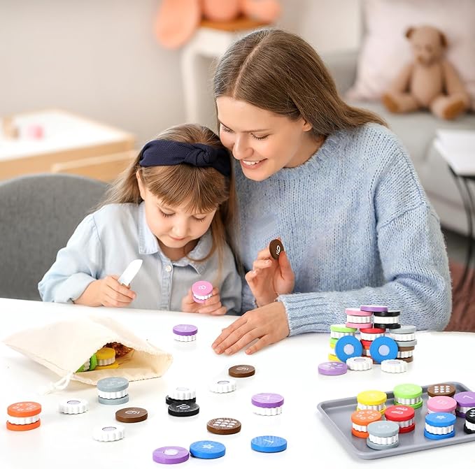 Upltowtme Wooden Cookie Play Food Set for Kids Number Counting and Matching Game Pretend Play Slice Biscuit Play Kitchen Accessories Age 3+ Montessori Learning Toy Food Game Birthday Gifts