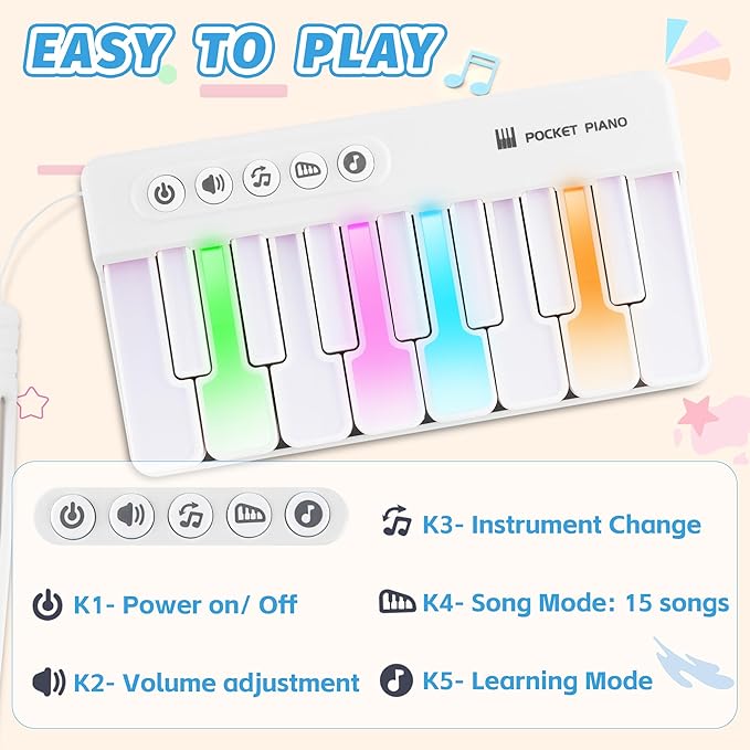 Mini Keyboard Piano Toy, Portable Light Up Pocket Piano for Toddlers Kids (White)