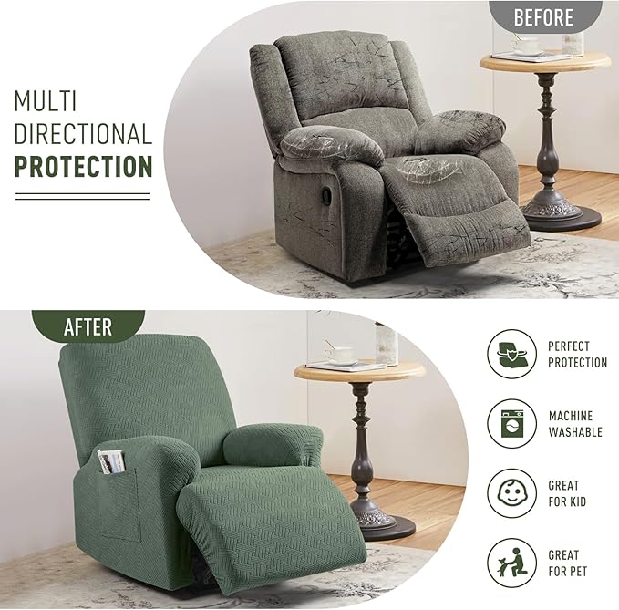 KinCam Recliner Covers, Stretch Reclining Chair Covers, Recliner Sofa Slipcovers Stripe Jacquard Recliner Couch Covers Furniture Protector Covers for Pet Kid (1 Seater, Greyish Green)