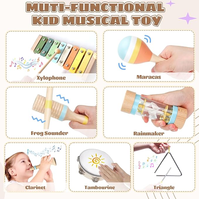 Musical Instruments for Toddlers 1-3, Wooden Montessori Musical Toys Set for Baby 1 Year Old with Boho Xylophone/Drum, Kids Preschool Educational Christmas Birthday Gifts for Girl Boy