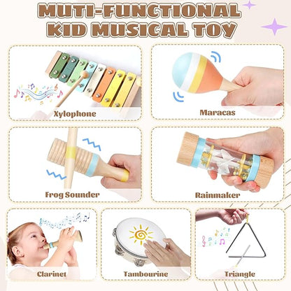 Musical Instruments for Toddlers 1-3, Wooden Montessori Musical Toys Set for Baby 1 Year Old with Boho Xylophone/Drum, Kids Preschool Educational Christmas Birthday Gifts for Girl Boy