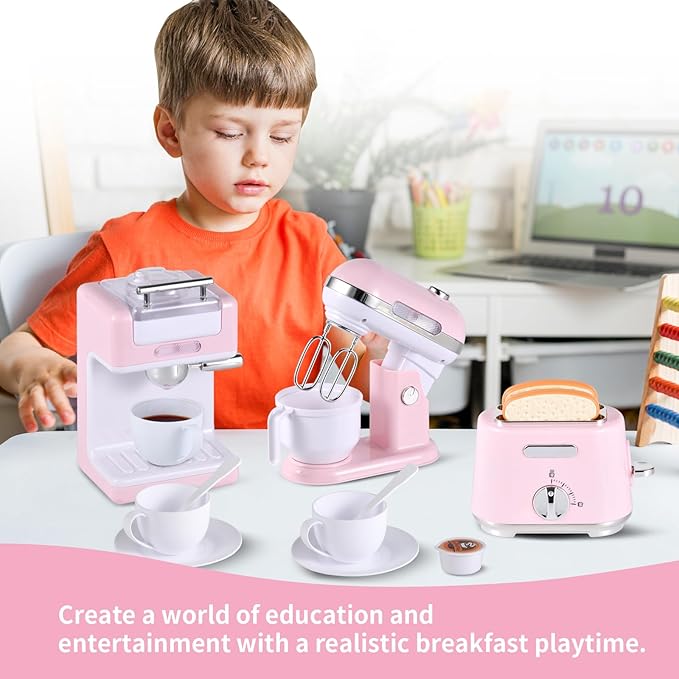 Kitchen Appliances Toys, Play Kitchen Accessories, Toy Kitchen Appliances for Kids, Pretend Kitchen Toys with Coffee Maker, Mixer and Toaster, Toy Kitchen Set Birthday Gift for Kids Ages 3+ (Pink)
