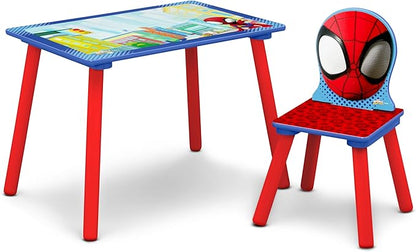 Delta Children - Marvel Spidey and His Amazing Friends 4-Piece Toddler Room-in-a-Box Set – Includes Sleep and Play Toddler Bed, Table, 1 Chair and Fabric Toy Box, Blue/Red
