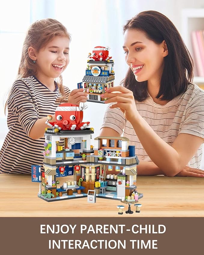 Japanese City Street View Takoyaki Shop, MOC Creative Building Blocks House Set, Simulation Architecture Construction Toy, Gifts Idea for Kids Adults (Mini Blocks 722 pcs)