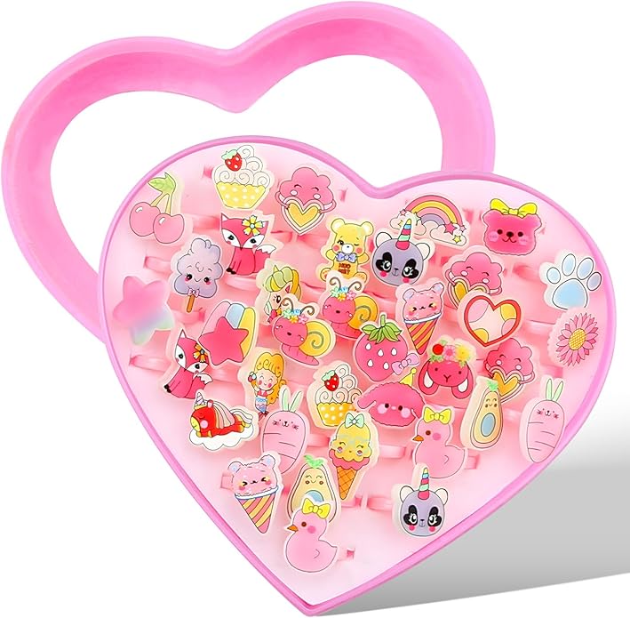 Little Girl Jewel Rings, Adjustable Pink Rings Girls Kids Pretend Play and Dress up Jewelry Set, Cute Rings with Display Case Party Favors Toys Gifts