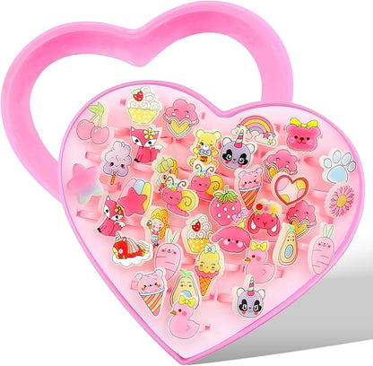 Little Girl Jewel Rings, Adjustable Pink Rings Girls Kids Pretend Play and Dress up Jewelry Set, Cute Rings with Display Case Party Favors Toys Gifts