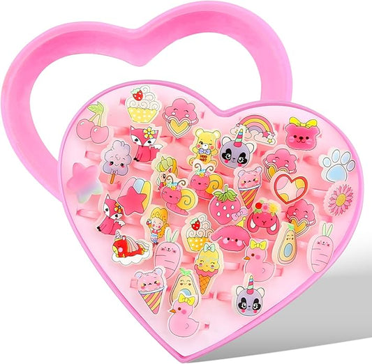 Little Girl Jewel Rings, Adjustable Pink Rings Girls Kids Pretend Play and Dress up Jewelry Set, Cute Rings with Display Case Party Favors Toys Gifts