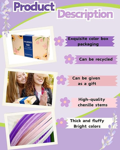 YYUENGTAK 500 Pcs Pink & Purple Pipe Cleaners Flower kit,Chenille Stems for DIY Art Projects Creative Gift,Pipe Cleaners Craft with tutoria,Pearls,Pompoms,Green Floral Wires,Gardening Tape,Stamen