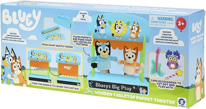 Bluey Wooden Puppet Theater for Kids Playset, 20" Kids Pretend Stage Puppets, Interchangeable Fabric Backdrops & Roll-Down Curtain