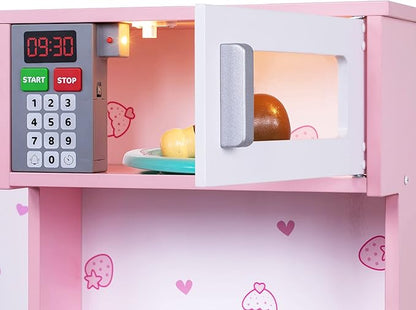 Lil' Jumbl Kids Kitchen Set, Pretend Wooden Play Kitchen, Battery Operated Icemaker & Microwave with Realistic Sound, Pots & Pan Included - Pink