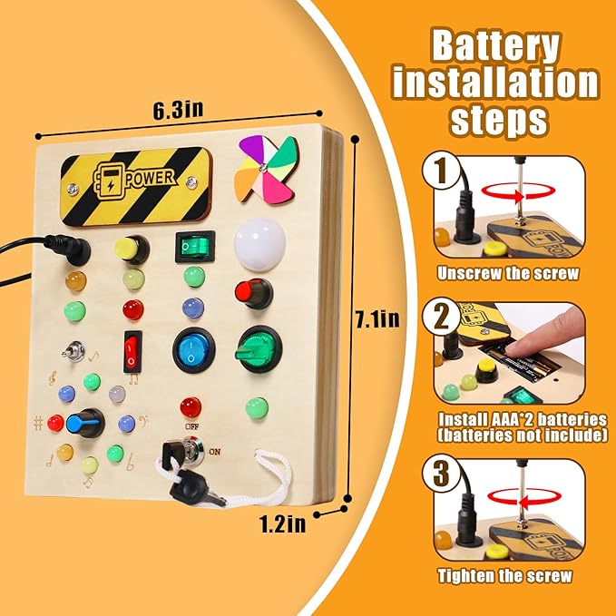 Busy Board with pinwheels Led Light, Wooden Educational Montessori Sensory Travel Toys for Toddlers 1-3, Fine Motor Skills Birthday Gifts for Boys Girls Toddlers 1 2 3
