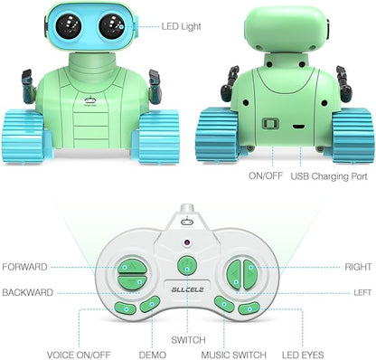 ALLCELE Robot Toys, Rechargeable RC Robots for Kids Boys, Remote Control Toy with Music and LED Eyes, Ideal Gift for Children-Green Blue