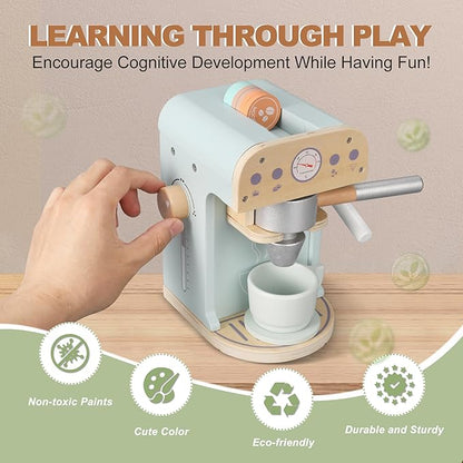 Kids Wooden Coffee Maker Toy, Wooden Play Kitchen Appliances & Accessories Toy for Kids Toddlers, Gift for Girls Boys