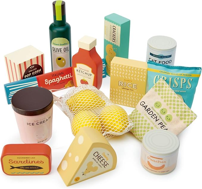 Tender Leaf Toys - Supermarket Grocery Set - 17 Pcs Wooden Pretend Play Food Pack for Supermarket Roleplay Shopping Game, Play Kitchen Accessories - Age 3+