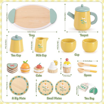 Toyssa Wooden Tea Party Set for Little Girls Toys Toddler Pretend Food with Tea Tray & Play Kitchen Accessories, Wooden Toys for Toddlers 3 4 5 6 Years Old, Birthday Kids Girls Gifts 3-6