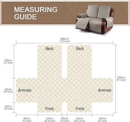 KinCam Waterproof Loveseat Recliner Cover, Non-Slip Reclining Couch Covers for 2 Seat, Recliner Sofa Cover Furniture Protector with Elastic Straps for Kids, Pets, Khaki