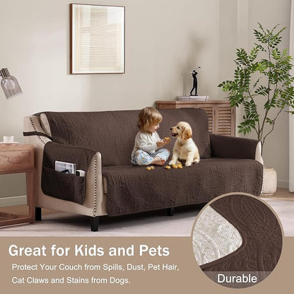 Quilted Sofa Slipcovers with Pockets, Medallion Designed Anti-Slip Couch Covers for 3 Cushion Sofa, Couch Cover for Dogs Cats Water-Repellent Machine Washable (Large Sofa 68", Chocolate)
