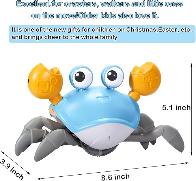 Plnmlls Crawling Crab Baby Toy - Tummy Time Toys-with Music and LED Light,Walking Crab Toy for 0-6 6-12 12-18 36 Months Walking Toddler Birthday Gift(Azure）