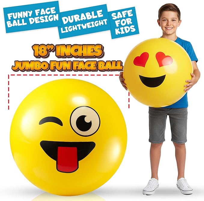 18-Inch Happy Face Playground Balls for Kids & Toddlers (2-Pack) - Jumbo Size Bouncy Balls w/Fun Smiley Designs - Lightweight Play Inflatable Kickballs for Boys & Girls
