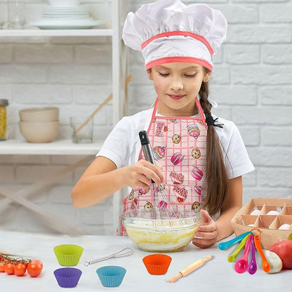 Real Kids Cooking and Baking Set - 24 Pcs Kids Chef Role Play Costume Set Includes Cake Apron, Chef Hat, Cooking Mitt, Utensils, Cupcake Molds for Toddler Boys and Girls Ages 3+