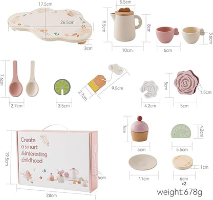 Tea Party Set for Kids - Wooden Tea Set for Little Girls 15PCS Silicone Toddler Tea Set Kitchen Accessories Pretend Play Toy Tea Set for Toddlers - Birthday Gift