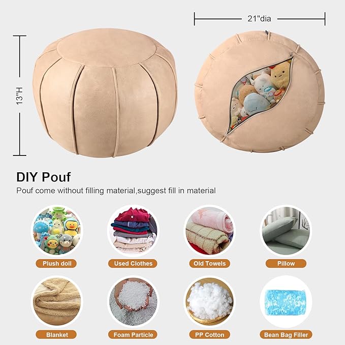 Louis Donné Pouf Ottoman Cover, Unstuffed Round Ottoman for Storage Solution, Supersoft Handmade Moroccan Decor Foot Rest, Footstool, Pouffe Seat for Balcony, Faux Leather Floor Chair, ONLY Cover