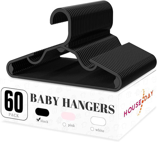 HOUSE DAY Plastic Baby Hangers for Closet 60 Pack, Durable Plastic Kids Hangers for Baby Clothes, Thin & Compact Childrens Hangers, Space Saving Black Baby Hangers, Small Hangers for Kids Clothes
