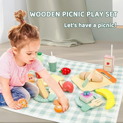 Picnic Playset - Wooden Play Food - Play Food Sets for Kids Kitchen - Pretend Food, Toy Food with Multifunctional Storage Bag, Non-Toxic Toy Picnic Set Best Gift for 3+ Toddlers
