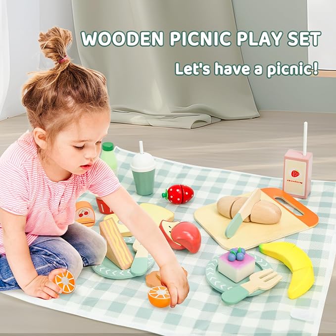 Picnic Playset - Wooden Play Food - Play Food Sets for Kids Kitchen - Pretend Food, Toy Food with Multifunctional Storage Bag, Non-Toxic Toy Picnic Set Best Gift for 3+ Toddlers