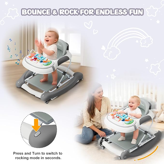 5-in-1 Foldable Baby Walker，Music and Lights Baby Walker with Wheels,Height Adjustable Infant Walker, with Activity Center, Rocker, Bouncer,Push Walker & Feeding Tray for Babies 6-18 Months (Gray)