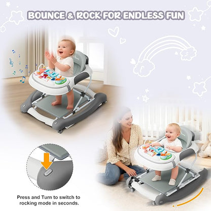 5-in-1 Foldable Baby Walker，Music and Lights Baby Walker with Wheels,Height Adjustable Infant Walker, with Activity Center, Rocker, Bouncer,Push Walker & Feeding Tray for Babies 6-18 Months (Gray)