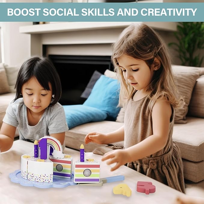 Pretend Play Food for Toddlers 1-3,Wooden Birthday Fake Cake with Candles and Numbers,Tea Party Learning Kitchen Gift Toys for Boys Girls (Rainbow Cake)