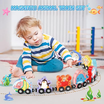 Toys for Toddlers, 11 Magnetic Wooden Sea Animals Train Set, Montessori Toys for Toddlers, Educational Toys for Kids, Birthday Gifts for Boys, Girls