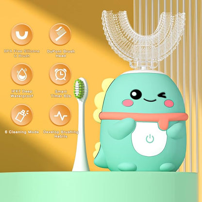 Kids Electric Toothbrush U Shaped Toddler Auto Sonic Toothbrushes with 5 Brush Head,Cartoon Dinosaur Ultrasonic Toothbrushes for Children 2-12 Years,360° Full Mouth Cleaning Automatic