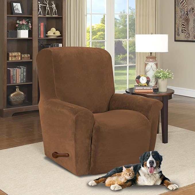 AZON Velvet Stretch Recliner Chair Cover,1-Piece Washable Recliner Couch Cover with Elastic Furniture Protector for Pets, Kids(Recliner, Camel)