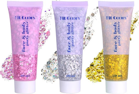 Hair Face Body Glitter Set for Women, Silver Pink Gold Holographic Mermaid Sequins Chunky Glitter Makeup for Prom, Music Festival Rave Accessories, Mardi Gras, Halloween Themed Party