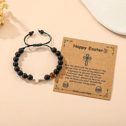 Easter Basket Stuffers for Girls Teens Boys Kids, Cross Natural Beads Bracelet Christian Religious Baptism First Communion Confirmation Jewelry Gifts