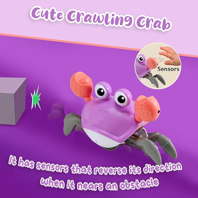 Purple Crawling Crab Baby Toy – Violet Tummy Time Interactive Moving Crab Toy with Music & Lights, Cute Running Escape Catch Me Toy for 0–6 Month Infants, 6–12 Month Crawlers & Early Walkers