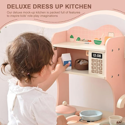 Wooden Play Kitchen Toy Set for Kids, Toddlers Pretend Toy Kitchen Playest, Sink with Faucet, Oven, Microwave, Cookware Accessories & Gifts for Age 1-6