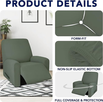 PureFit 100% Dual Waterproof Recliner Cover, Waterproof Couch Cover for Recliner - Stretch Non Slip Fleece Sofa Covers Washable, Leakproof Furniture Protector for Kids, Pets (Recliner, Grayish Green)