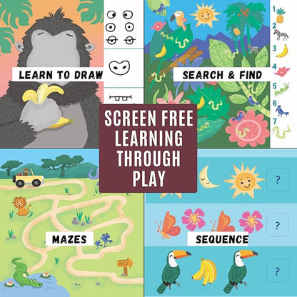 Kids Small Size Travel Educational Activity Books with Washable Markers (7"x7") - Car and Airplane Activities - Reusable Stickers for Ages 4, 5, 6 (Jungle, Ocean & Princess)