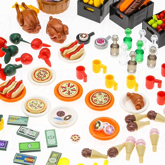 180pcs City-Friends Brick-Food-Pieces -Fruit-Apple-Banana-Pineapple-Cherry Desserts-Ice Cream-Cake-Sweet Cone Picnic--Pizza-Hotdogs-Turkey-Fish-Beer-Money Toys for Extra Bricks